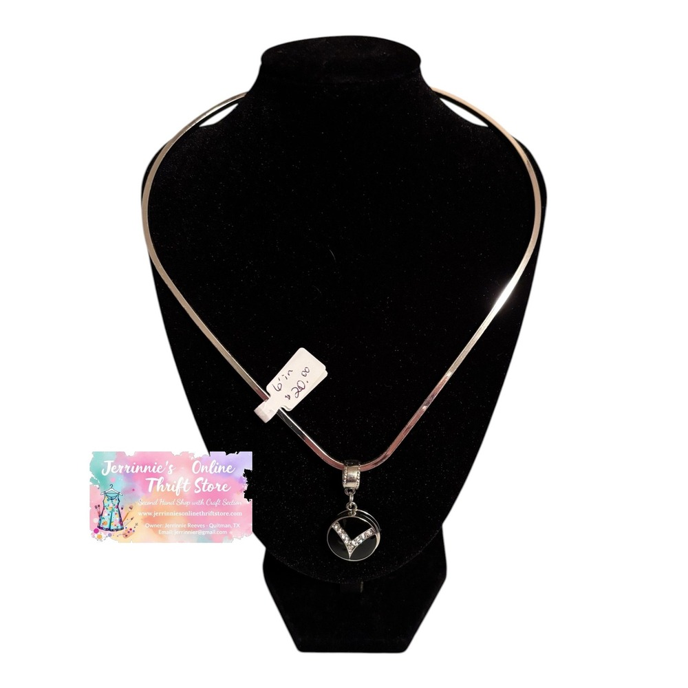 Silver Tone Omega Chain Collar Necklace Black Enamel Rhinestone V Pendant 6in